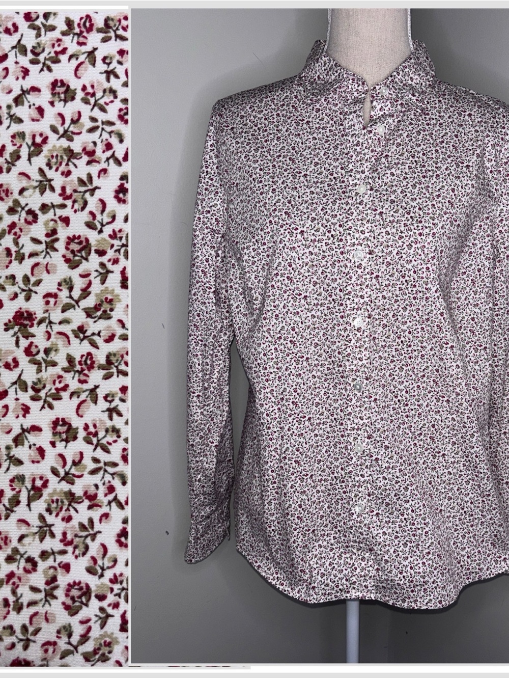 Lands End NEW ditsy floral long sleeve button down shirt burgundy cream olive 12